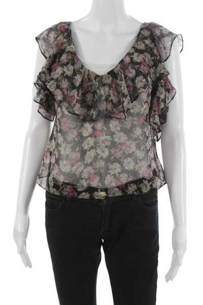 Love Shack Fancy Womens Black Floral V Neck Sleeveless Blouse Size S