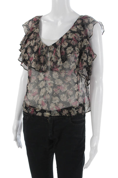 Love Shack Fancy Womens Black Floral V Neck Sleeveless Blouse Size S
