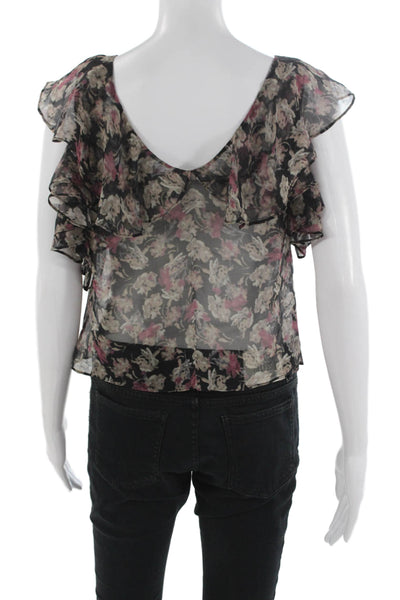 Love Shack Fancy Womens Black Floral V Neck Sleeveless Blouse Size S