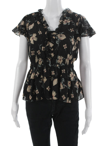 Rebecca Taylor Womens Blouse Black Floral Short Sleeve Lace Up Silk Size XS