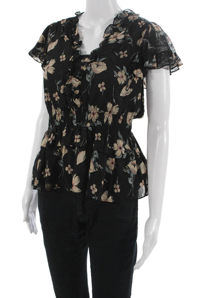 Rebecca Taylor Womens Blouse Black Floral Short Sleeve Lace Up Silk Size XS