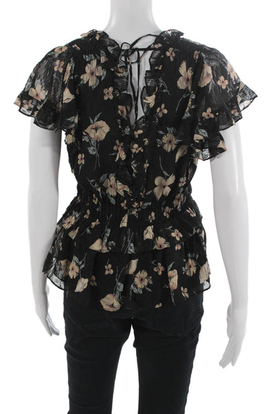 Rebecca Taylor Womens Blouse Black Floral Short Sleeve Lace Up Silk Size XS