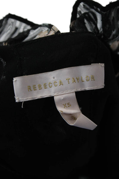 Rebecca Taylor Womens Blouse Black Floral Short Sleeve Lace Up Silk Size XS