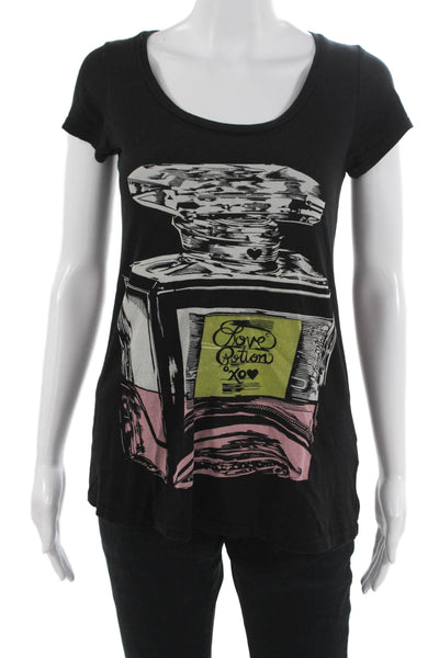 Lauren Moshi Women Black Graphic Basic T-Shirt Short Sleeve Size XS
