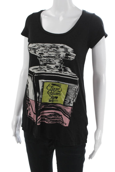 Lauren Moshi Women Black Graphic Basic T-Shirt Short Sleeve Size XS