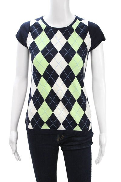 J Crew Women Argyle Cotton Crew Neck Tee Dark Blue Short Sleeve Size S