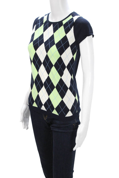 J Crew Women Argyle Cotton Crew Neck Tee Dark Blue Short Sleeve Size S