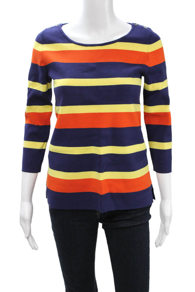 Banana Republic Women Striped Dark Blue 3/4 Sleeve Round Neck Sweater Size S