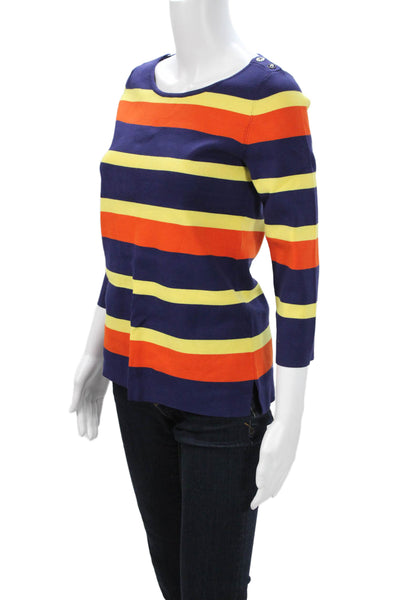Banana Republic Women Striped Dark Blue 3/4 Sleeve Round Neck Sweater Size S