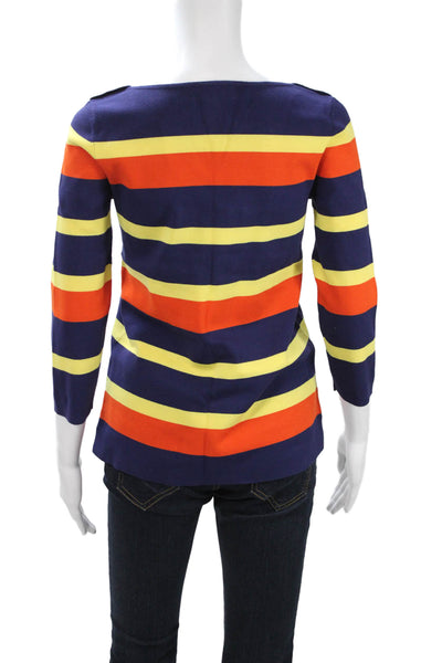 Banana Republic Women Striped Dark Blue 3/4 Sleeve Round Neck Sweater Size S