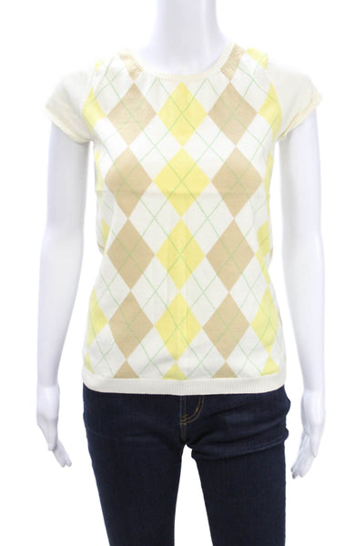 J Crew Women T-Shirt Beige 100% Cotton Argyle Crew Neck Short Sleeve Size S
