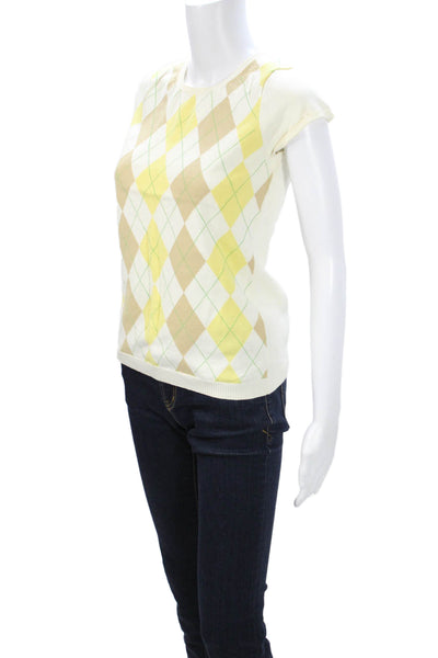 J Crew Women T-Shirt Beige 100% Cotton Argyle Crew Neck Short Sleeve Size S