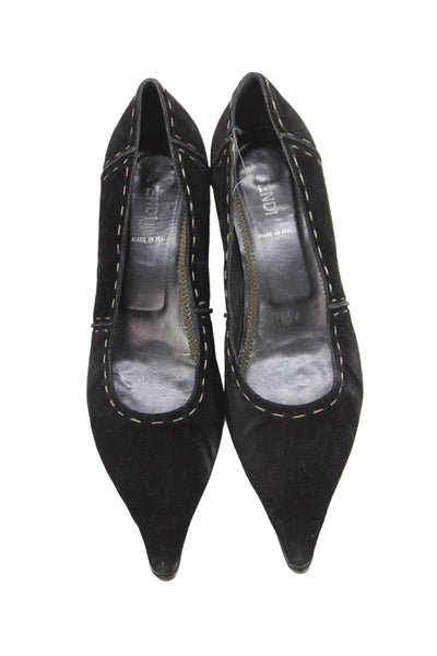 Fendi Womens Suede Pointed Toe Slip-On Kitten Heels Black Size 10.5