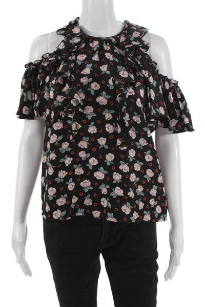 Rebecca Taylor Womens Black Silk High Neck Floral Tie Sleeveless Blouse Size 2