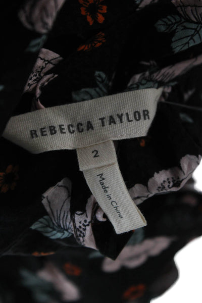 Rebecca Taylor Womens Black Silk High Neck Floral Tie Sleeveless Blouse Size 2