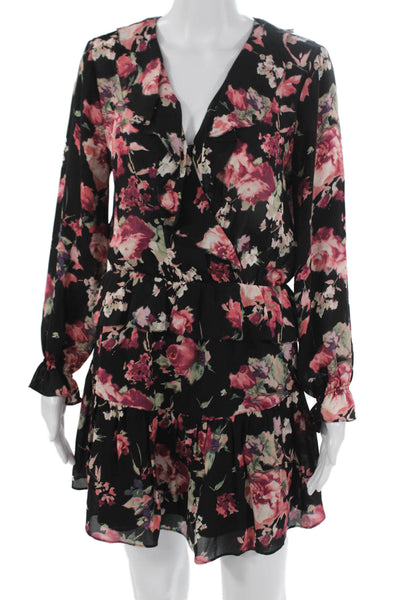 Joie Womens Black Floral Wrap Mini Dress V-Neck Long Sleeve 100% Silk Size S