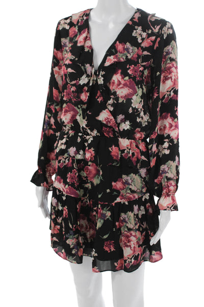 Joie Womens Black Floral Wrap Mini Dress V-Neck Long Sleeve 100% Silk Size S