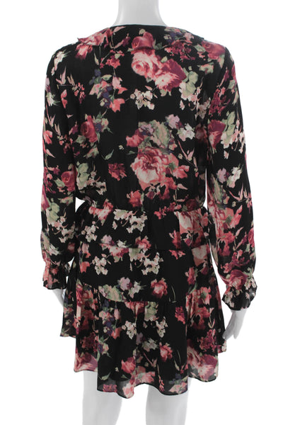Joie Womens Black Floral Wrap Mini Dress V-Neck Long Sleeve 100% Silk Size S