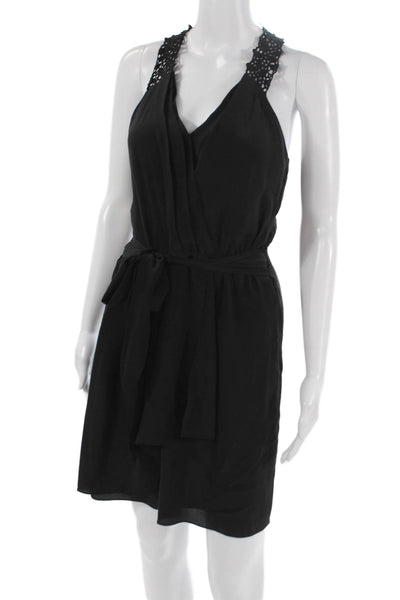 Rebecca Taylor Women Black Silk Wrap Dress V-Neck Tie Size 2