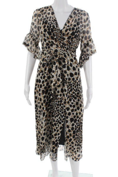 Elie Tahari Women Beige Silk Wrap Dress V-Neck Knee Length Size 2
