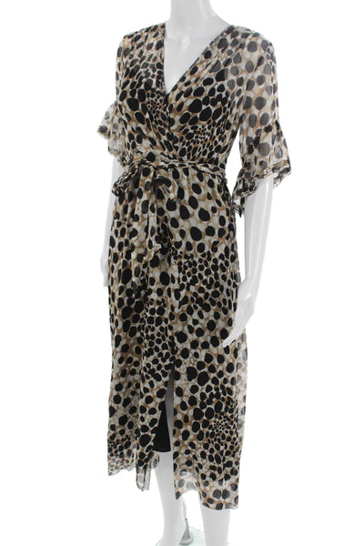 Elie Tahari Women Beige Silk Wrap Dress V-Neck Knee Length Size 2