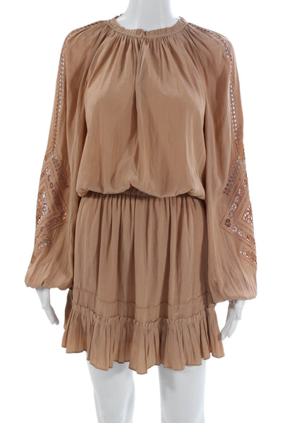 Ramy Brook Women Blouson Mini Dress Tan Long Sleeve Round Neck Size XS