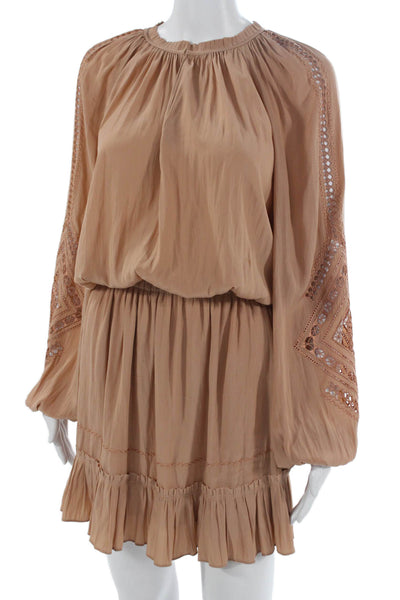Ramy Brook Women Blouson Mini Dress Tan Long Sleeve Round Neck Size XS