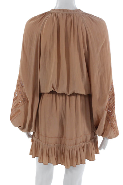 Ramy Brook Women Blouson Mini Dress Tan Long Sleeve Round Neck Size XS