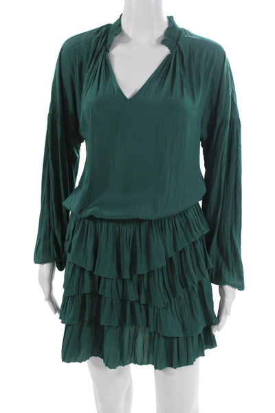 Ramy Brook Women Mini Shift Dress Green Long Sleeve V-Neck Polyester Size S