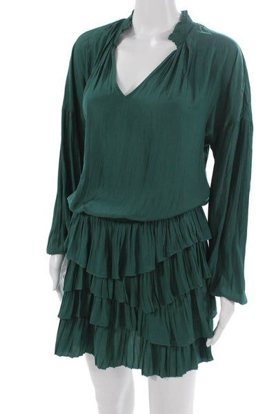 Ramy Brook Women Mini Shift Dress Green Long Sleeve V-Neck Polyester Size S