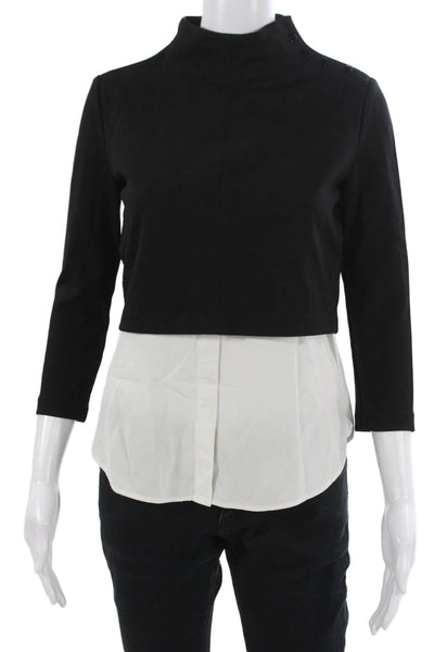 Theory Womens Cropped Mock Neck Blouse Black 3/4 Sleeve Designer Size PP