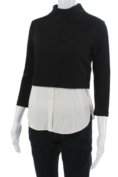 Theory Womens Cropped Mock Neck Blouse Black 3/4 Sleeve Designer Size PP