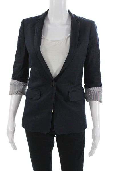 J Crew Unisex Dark Blue Linen Blazer V-Neck 3/4 Sleeve Button Solid Size 00
