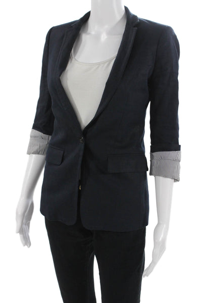 J Crew Unisex Dark Blue Linen Blazer V-Neck 3/4 Sleeve Button Solid Size 00
