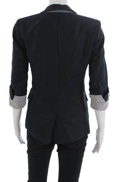 J Crew Unisex Dark Blue Linen Blazer V-Neck 3/4 Sleeve Button Solid Size 00