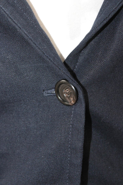 J Crew Unisex Dark Blue Linen Blazer V-Neck 3/4 Sleeve Button Solid Size 00