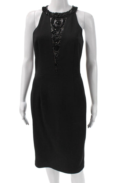 David Meister Womens Black High Neck Sheath Dress Hook & Eye Mid-Calf Size 4