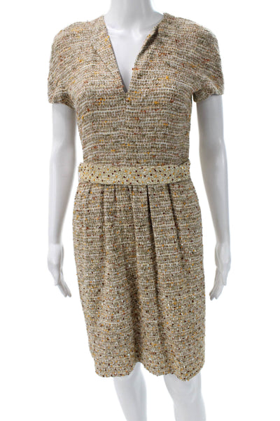 Rena Lange Womens Beige Sheath Dress V Neck Short Sleeve Designer Size M