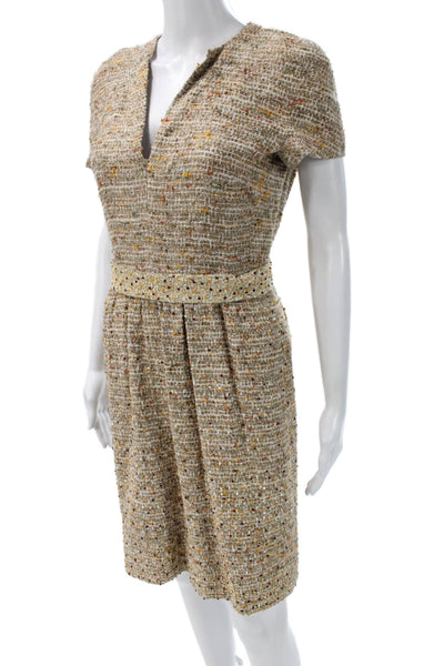 Rena Lange Womens Beige Sheath Dress V Neck Short Sleeve Designer Size M