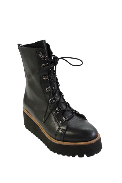 All Black Womens Leather Lace Up Platform Wedge Combat Boots Black Size 37 7