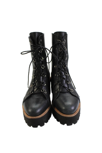 All Black Womens Leather Lace Up Platform Wedge Combat Boots Black Size 37 7