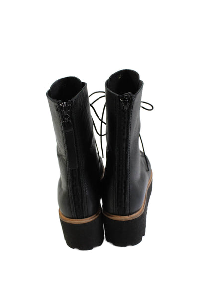 All Black Womens Leather Lace Up Platform Wedge Combat Boots Black Size 37 7