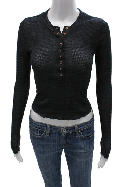 Intimately Free People Women Cropped Button-Up Black Long Sleeve Top Size XS
