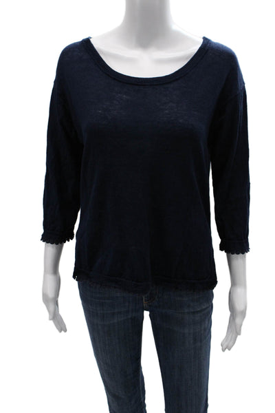 J Crew Women Dark Blue Linen Round Neck 3/4 Sleeve Basic Blouse Size XS