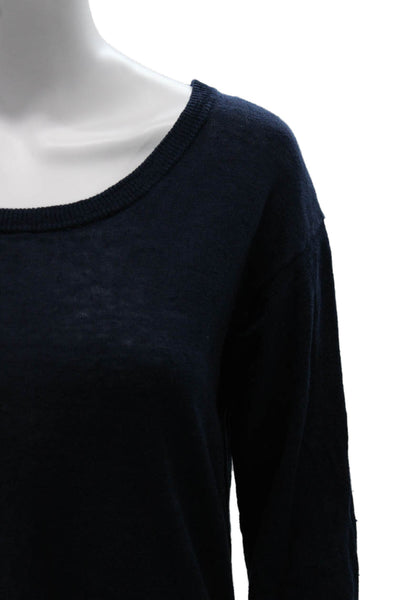 J Crew Women Dark Blue Linen Round Neck 3/4 Sleeve Basic Blouse Size XS