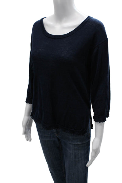 J Crew Women Dark Blue Linen Round Neck 3/4 Sleeve Basic Blouse Size XS