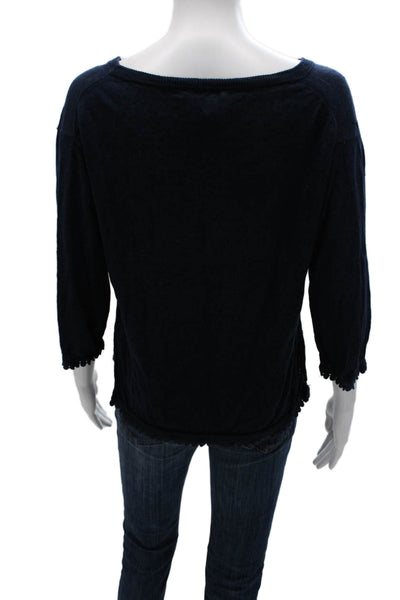 J Crew Women Dark Blue Linen Round Neck 3/4 Sleeve Basic Blouse Size XS