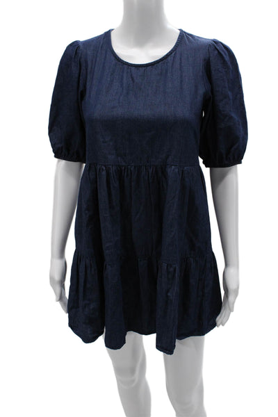Speechless Women Trapeze Dress Dark Blue Cotton Short Sleeve Button Size XS