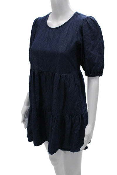 Speechless Women Trapeze Dress Dark Blue Cotton Short Sleeve Button Size XS