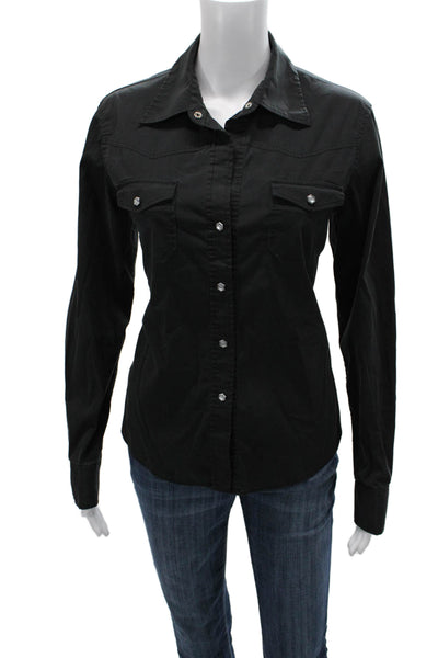 Theory Women Collared Black Long Sleeve Button-Up Polyester Blouse Size L
